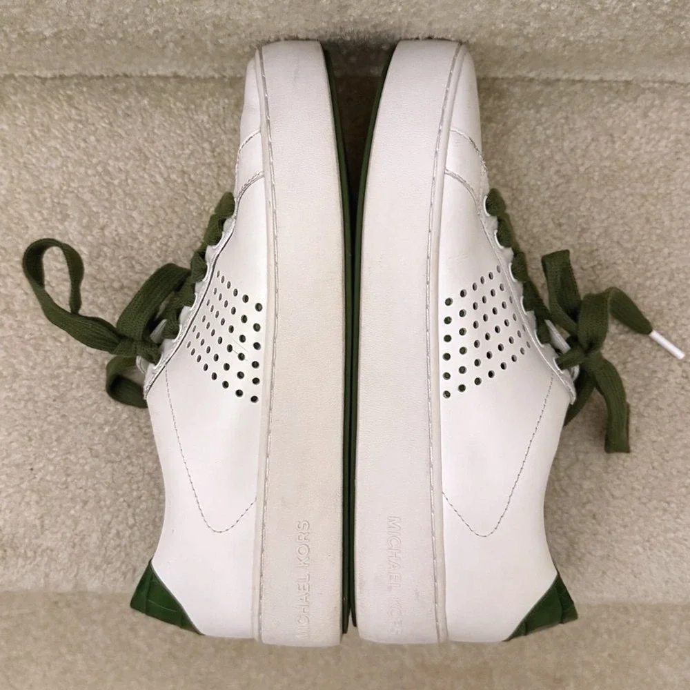 Michael Kors White Leather Low Top Sneakers Green Croc Trim Perforated Womens 8M